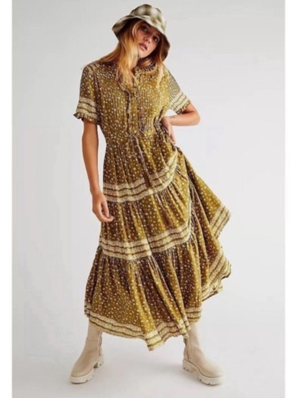 Free People Tiered Maxi Dress in Olive with White Accents